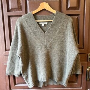 White + Warren Olive Green V-Neck Wool Sweater